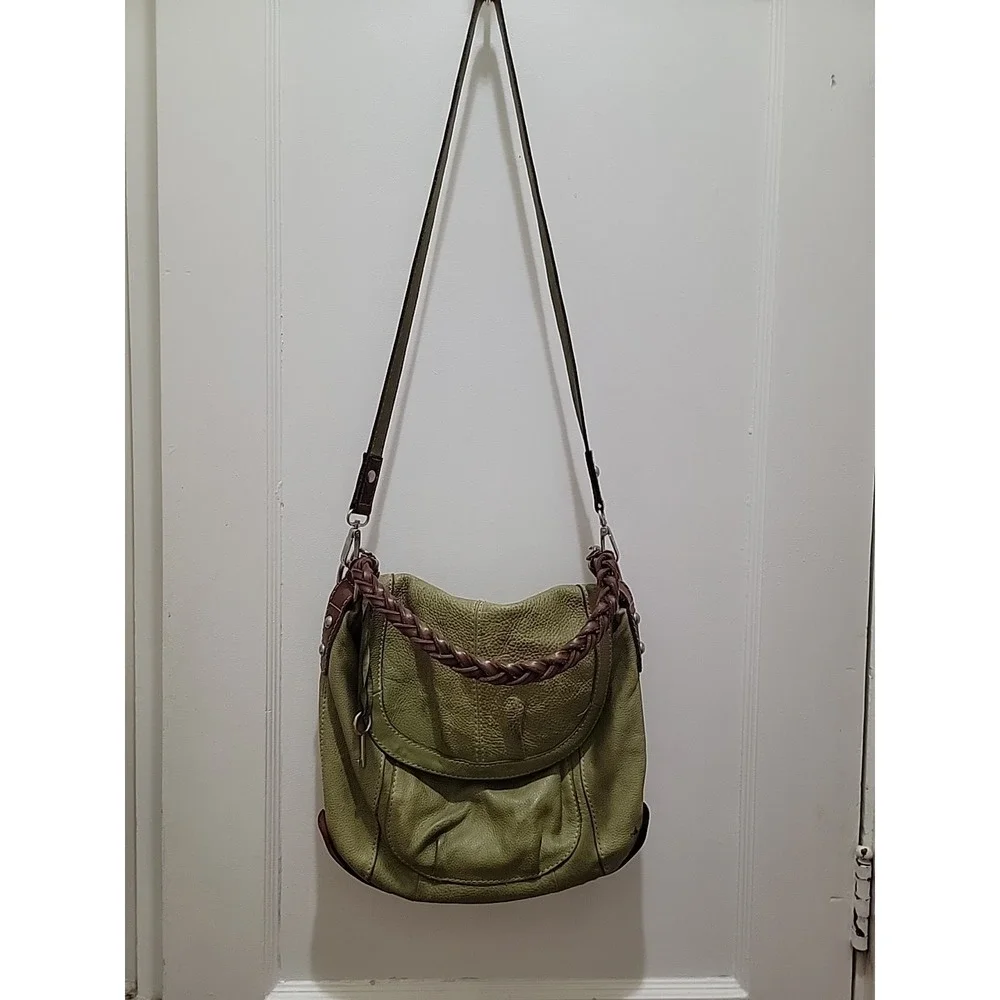 Vintage Fossil Green Leather Shoulder Bag Purse Handbag Organizer Tote. Classic